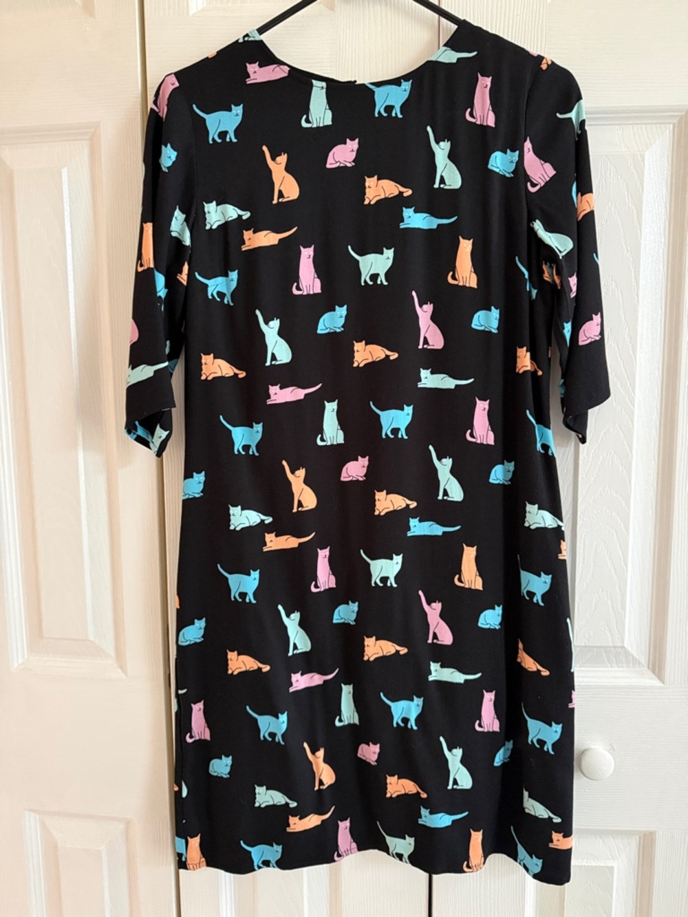 Black Cats Print Shift Dress with Pastel Accents